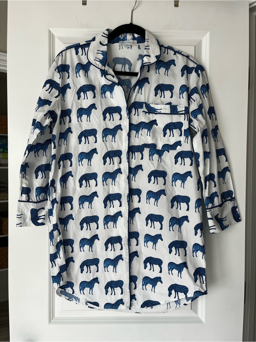 Women's White Pajama Shirt with Blue Zebra Print
